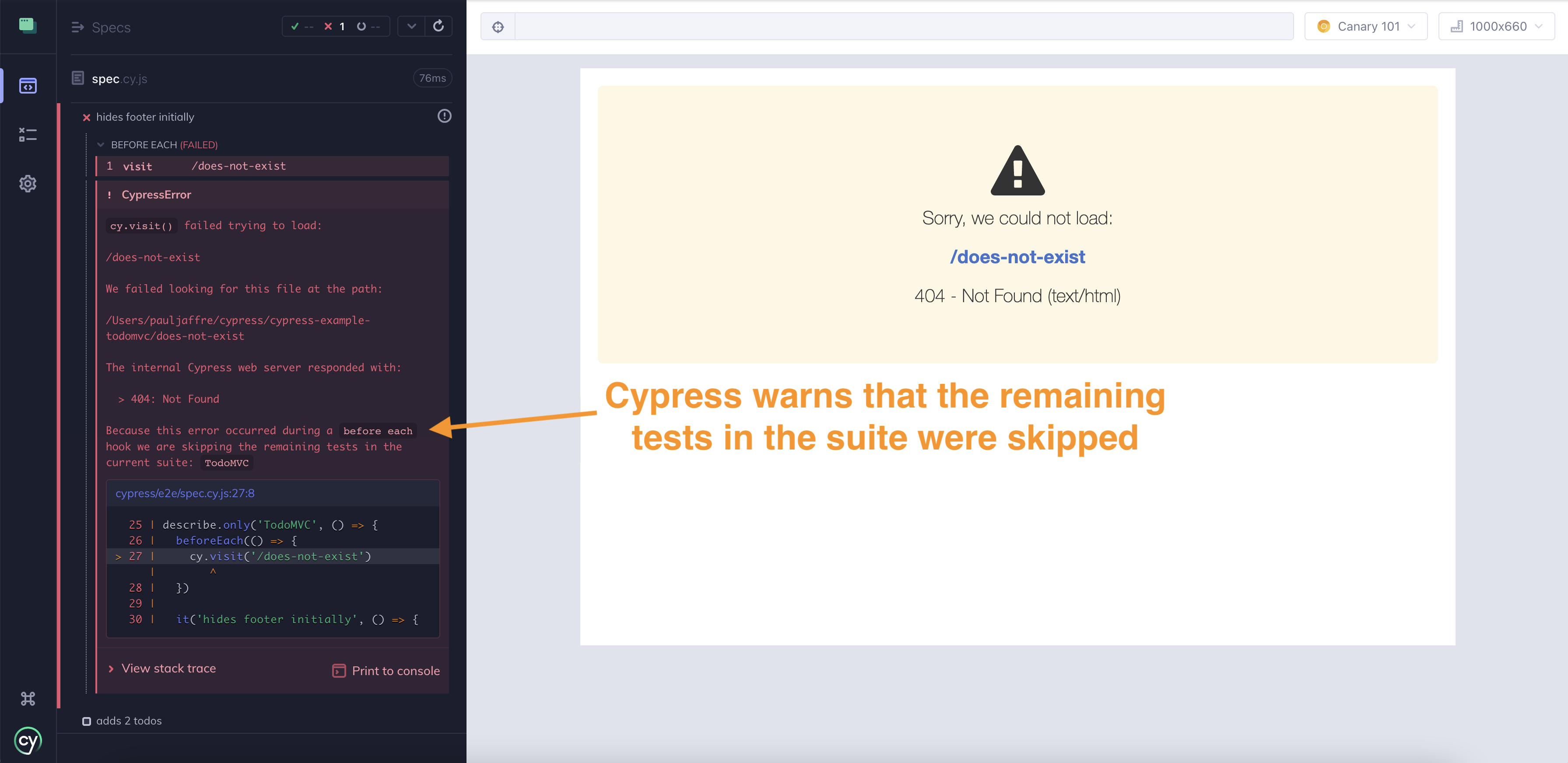 Cypress App showing one failed and one skipped test